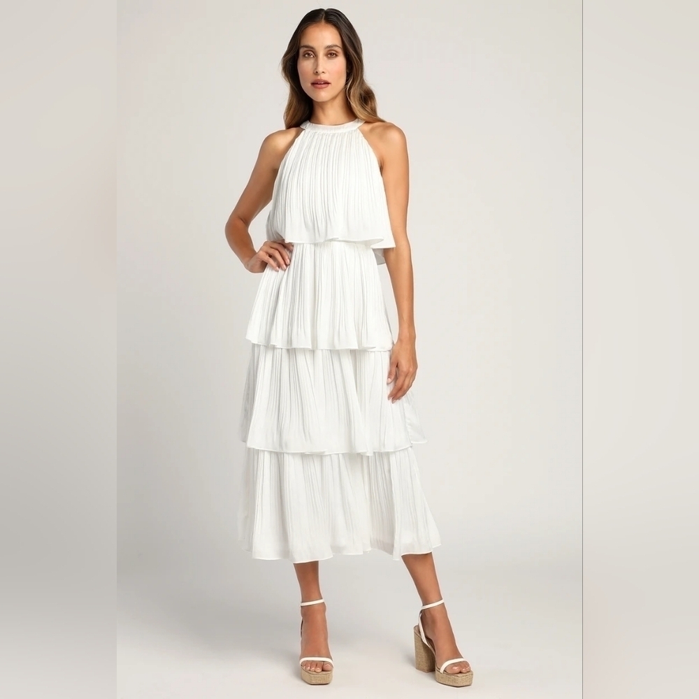 Lulus Tier and Far White Tiered Pleated Halter Midi Dress S Wedding Party Bridal - Picture 4 of 12